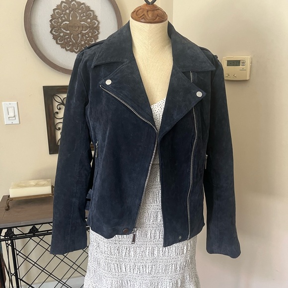 BCBGeneration Dark Blue Suede Biker Jacket - Picture 3 of 12